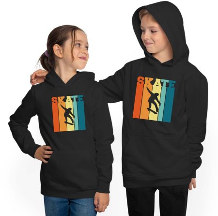 Hooded Skater Sweater Kids Hoodie - Jumping Retro Skater with Skate Lettering i546